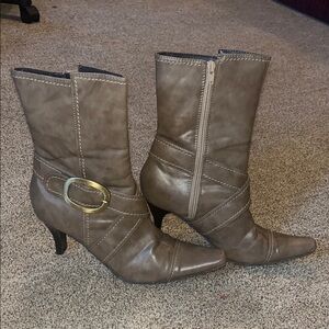 Pointy Toe Taupe Ankle Heeled Boots